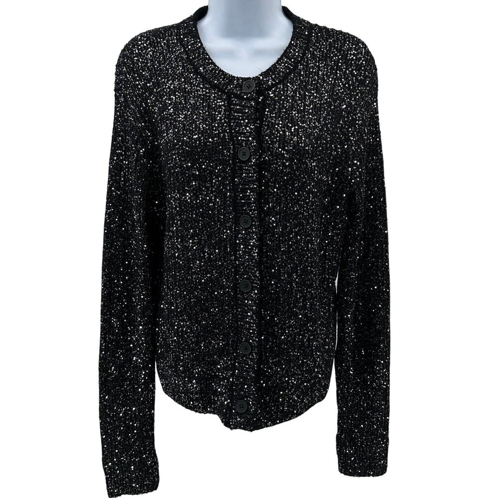 Future Collective Sweater WMNS M Black Knit Sequined Sparkle Button Up Stretchy